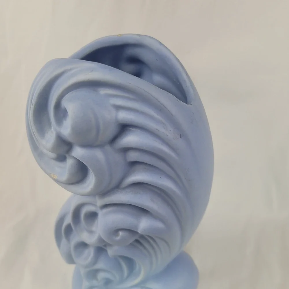 Vintage Haeger USA Pottery Blue Art Deco Wave Scroll Vase Mid Century Modern